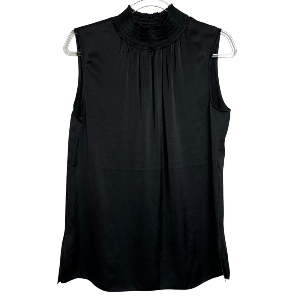 R‎ LABEL NWT Satin Gathered Neck Tank Black Smocked High Neck Sleeveless Top  S